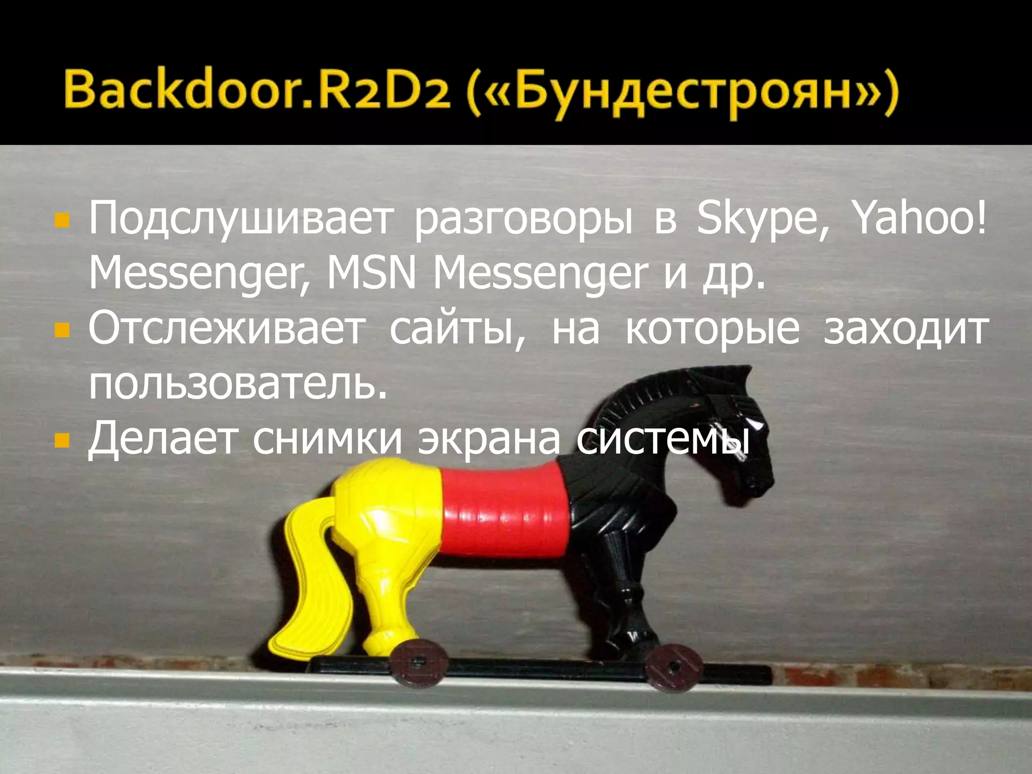    Подслушивает разговоры в Skype, Yahoo!
    Messenger, MSN Messenger и др.
   Отслеживает сайты, на которые заходит
    пользователь.
   Делает снимки экрана системы
 