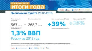 Экономика Рунета 2012–2013

Одним из знаковых событий 2013 года стало второе ежегодное исследование интернет-рынков «Экономика Рунета 2012-2013», проведенное РАЭК и НИУ ВШЭ при поддержке крупнейших игроков Рунета.	


!

Презентация главных результатов исследования прошла 10 октября 2013 года в ИТАР-ТАСС. В ходе мероприятия был представлен подробный отчет о состоянии интернет-экономики России за текущий период времени,
раскрыта картина динамики ее развития, показаны структура, точки роста и сдерживающие факторы.

 