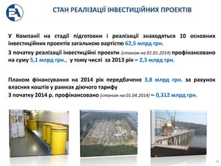 СТАН РЕАЛІЗАЦІЇ ІНВЕСТИЦІЙНИХ ПРОЕКТІВ
У Компанії на стадії підготовки і реалізації знаходяться 10 основних
інвестиційних проектів загальною вартістю 62,5 млрд грн.
З початку реалізації інвестиційні проекти (станом на 01.01.2014) профінансовано
на суму 5,1 млрд грн., у тому числі за 2013 рік – 2,3 млрд грн.
15
Планом фінансування на 2014 рік передбачено 3,8 млрд грн. за рахунок
власних коштів у рамках діючого тарифу
З початку 2014 р. профінансовано (станом на 01.04.2014) – 0,312 млрд грн.
 