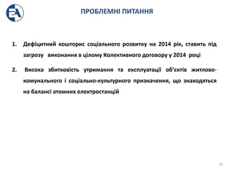 ПРОБЛЕМНІ ПИТАННЯ
28
1. Дефіцитний кошторис соціального розвитку на 2014 рік, ставить під
загрозу виконання в цілому Колективного договору у 2014 році
2. Висока збитковість утримання та експлуатації об’єктів житлово-
комунального і соціально-культурного призначення, що знаходяться
на балансі атомних електростанцій
 
