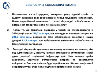 ВИСНОВКИ З СОЦІАЛЬНИХ ПИТАНЬ
29
1. Незважаючи на всі труднощі минулого року, адміністрація в
цілому виконала свої зобов’язання перед трудовим колективом.
Нами передбачені можливості і взяті відповідні зобов’язання з
погашення заборгованості з пенсійних виплат
2. Попри те, що соціальна складова у тарифі на електроенергію у
2014 році лише 210,2 млн грн, ми затвердили кошторис витрат на
291,7 млн грн., взявши на себе зобов’язання винайти з інших
джерел 81,5 млн грн. для забезпечення виконання зобов’язань за
Колективним договором
3. Сьогодні від членів трудового колективу залежить не менше, ніж
від адміністрації у пошуку шляхів зменшення збитковості нашої
дуже дорогої соціальної інфраструктури. Нам спільно треба
заробляти, розумно обмежувати витрати та розставляти
пріоритети. Все, що у містах буде зароблене на об’єктах соціальної
інфраструктури, буде надано для використання на місцях
 