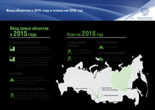 29
шахта «Денисовская»
разрез Аршановский
Карагайлинская
обогатительная фабрика
разрез «Убинский»
обогатительная фабрика
«Калтанская-Энергетическая»
шахта «Юбилейная»
разрез «8-е марта»
шахта «Увальная»
Ввод объектов в 2015 году и планы на 2016 год
в 2015году
Ввод новых объектов
План на 2016год
В КЕМЕРОВСКОЙ ОБЛАСТИ:
обогатительная фабрика «Калтанская-
Энергетическая» на разрезе «Калтанский»
производительностью 3.0 млн т угля
обогатительная фабрика «Карагайлинская»
в г. Киселевске с проектной мощностью
1.5 млн т концентрата в год. В 2019 году
планируется довести объём переработки
до 3 млн т
В ХАКАСИИ:
«Разрез Аршановский» проектной
мощностью 5 млн т высококачественного
каменного угля марки «Д»
В РЕСПУБЛИКЕ САХА (ЯКУТИЯ):
вторая очередь шахты «Денисовская»,
позволяющая довести производственную
мощность угля марки «К» до 3 млн т в год
В КЕМЕРОВСКОЙ
ОБЛАСТИ:
шахта «Юбилейная»
(после реконструкции)
шахта «Увальная»
В ПРОКОПЬЕВСКЕ:
разрез «8 марта»
 В ГУРЬЕВСКОМ РАЙОНЕ:
участок «Убинский-1»
на разрезе «Шестаки»
 