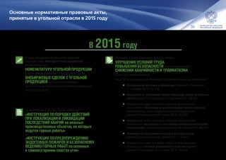 30
Основные нормативные правовые акты,
принятые в угольной отрасли в 2015 году
В целях формирования механизма биржевой
торговли углем, Минэнерго России разработало
унифицированную
НОМЕНКЛАТУРУ УГОЛЬНОЙ ПРОДУКЦИИ,
а также внесло изменения в порядок регистрации
ВНЕБИРЖЕВЫХ СДЕЛОК С УГОЛЬНОЙ
ПРОДУКЦИЕЙ, который был утвержден
постановлением Правительства Российской Федерации
от 28.07.2015 №764.
На регистрацию в Минюст России направлены
«ИНСТРУКЦИЯ ПО ПОРЯДКУ ДЕЙСТВИЙ
ПРИ ЛОКАЛИЗАЦИИ И ЛИКВИДАЦИИ
ПОСЛЕДСТВИЙ АВАРИЙ на опасных
производственных объектах, на которых
ведутся горные работы»
и 
«ИНСТРУКЦИЯ ПО ПРЕДУПРЕЖДЕНИЮ
ЭНДОГЕННЫХ ПОЖАРОВ И БЕЗОПАСНОМУ
ВЕДЕНИЮ ГОРНЫХ РАБОТ на склонных
к самовозгоранию пластах угля».
Минэнерго России продолжило работу в области
УЛУЧШЕНИЯ УСЛОВИЙ ТРУДА,
ПОВЫШЕНИЯ БЕЗОПАСНОСТИ ведения горных работ,
СНИЖЕНИЯ АВАРИЙНОСТИ И ТРАВМАТИЗМА
в угольной промышленности.
Так, в 2015 году при участии Минэнерго России был внесен ряд изменений в:
•	Инструкцию по дегазации угольных шахт (приказ Ростехнадзора
от 1 декабря 2011 г. № 679)
•	Инструкцию по составлению планов ликвидации аварий на угольных
шахтах (приказ Ростехнадзора от 01 декабря 2011 г. № 681)
•	Федеральные нормы и правила в области промышленной
безопасности «Инструкция по разгазированию горных выработок,
расследованию, учету и предупреждению загазирований»
(приказ Ростехнадзора от 06 ноября 2012 г. № 636)
•	Федеральные нормы и правила в области промышленной
безопасности «Инструкция по составлению вентиляционных планов
угольных шахт» (приказ Ростехнадзора от 06 ноября 2012 г. № 637)
•	Положение об аэрогазовом контроле в угольных шахтах
(приказ Ростехнадзора от 01 декабря 2011 г. № 678)
•	Федеральные нормы и правила в области промышленной
безопасности «Правила безопасности в угольных шахтах»
(приказ Ростехнадзора от 19 ноября 2013 г. № 550)
В 2015году
 