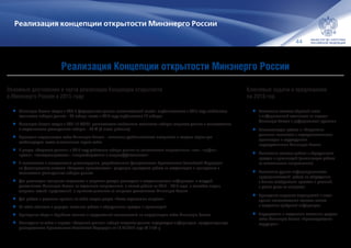 44
Реализация концепции открытости Минэнерго России
•	Повышение качества обратной связи
и информативной активности на портале
Минэнерго России с референтными группами
•	Систематизация работы с «Открытыми
данными» совместно с подведомственными
организации и структурными
подразделениями Минэнерго России
•	Повышение качества работы с обращениями
граждан и организаций (оптимизация работы
по тематическим направлениям)
•	Повышение уровня информированности
предпринимателей, работа по обсуждению
с бизнес-сообществом проектов и решений,
с целью учета их интересов
•	Проведение опросных мероприятий в части
оценки пользователями качества поиска
и получения требуемой информации
•	Поддержание в актуальном состоянии раздела
сайта Минэнерго России «Противодействие
коррупции»
Реализация Концепции открытости Минэнерго России
Основные достижения в части реализации Концепции открытости
в Минэнерго России в 2015 году
Ключевые задачи и предложения
на 2016 год
•	Минэнерго России входит в ТОП-3 федеральных органов исполнительной власти, опубликовавших в 2015 году наибольшее
количество наборов данных – 42 набора, также в 2014 году опубликовано 13 наборов
•	Минэнерго России входит в ТОП-10 ФОИВ, разместивших наибольшее количество наборов открытых данных в сопоставлении
с актуальностью размещенных наборов – 90 % (2 место рейтинга)
•	Проведена модернизация сайта Минэнерго России – повышена удобочитаемость материалов и создана версия для
слабовидящих, также англоязычная версия сайта
•	В раздел «Открытые данные» в 2015 году добавлены наборы данных по тематическим направлениям: «газ», «нефть»,
«уголь», «электроэнергетика», «энергосбережение и энергоэффективность»
•	В соответствии с методическим рекомендациям, разработанными Департаментом Правительства Российской Федерации
по формированию системы «Открытое правительство», регулярно проводится работа по актуализации и приведению в
соответствие размещенных наборов данных
•	Для реализации принципов открытости в открытом доступе размещена и актуализирована информация: о текущей
деятельности Минэнерго России по отдельным направлениям, о планах работы на 2013 – 2018 годы, о способах подачи
запросов, жалоб, предложений, о принятых решениях по вопросам деятельности Минэнерго России
•	Для работы в реальном времени на сайте создан раздел «Часто задаваемые вопросы»
•	На сайте обновлен и упрощен механизм работы с обращениями граждан и организаций
•	Проведение сбора и обработки отзывов и предложений пользователей по модернизации сайта Минэнерго России
•	Размещены на сайте и портале «Открытые данные» наборы открытых данных, содержащих информацию, предусмотренную
распоряжением Правительства Российской Федерации от 10.07.2013 года № 1187-р
 