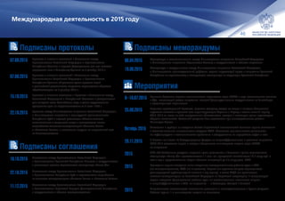 46
07.09.2015 Протокол о внесении изменений в Соглашение между
Правительством Российской Федерации и Правительством
Республики Армения о порядке формирования цен при поставке
природного газа в Республику Армения от 2 декабря 2013 г.
07.09.2015 Протокол о внесении изменений в Соглашение между
Правительством Российской Федерации и Правительством
Республики Армения об условиях купли-продажи акций
и дальнейшей деятельности закрытого акционерного общества
«АрмРосгазпром» от 2 декабря 2013 г.
15.10.2015 Протокол о внесении изменения в Протокол к Соглашению между
Российской Федерацией и Республикой Казахстан о разграничении
дна северной части Каспийского моря в целях осуществления
суверенных прав на недропользование от 6 июля 1998 г.
22.10.2015 Протокол между Министерством энергетики Российской Федерации
и Министерством энергетики и горнорудной промышленности
Республики Куба о порядке реализации объемов топлива,
сэкономленных в результате ввода в эксплуатацию новых
энергоблоков тепловых электростанций «Максимо Гомес»
и «Восточная Гавана», и зачисления выручки на специальный счет
во Внешэкономбанке
16.10.2015 Соглашение между Правительством Российской Федерации
и Правительством Исламской Республики Пакистан о сотрудничестве
в реализации проекта строительства газопровода «Север-Юг»
22.10.2015 Соглашение между Правительством Российской Федерации
и Правительством Республики Куба о строительстве энергоблоков
на тепловых электростанциях «Максимо Гомес» и «Восточная Гавана»
11.12.2015 Соглашение между Правительством Российской Федерации
и Правительством Корейской Народно-Демократической Республики
о сотрудничестве в области электроэнергетики
Международная деятельность в 2015 году
08.04.2015 Меморандум о взаимопонимании между Министерством энергетики Российской Федерации
и Министерством энергетики Королевства Таиланд о сотрудничестве в области энергетики
19.06.2015 Меморандум о сотрудничестве между Министерством энергетики Российской Федерации
и Министерством производственной реформы, охраны окружающей среды и энергетики Греческой
Республики по строительству и эксплуатации газопровода на территории Греческой Республики
9–10.07.2015 Принятие Стратегии торгово-экономического партнерства стран БРИКС в ходе состоявшегося саммита
в Уфе, включающей раздел энергетики, который формирует основы сотрудничества на ближайшую
и среднесрочную перспективы
25.09.2015 Подписан трехсторонний Протокол, согласно которому каждая из сторон в вопросе обеспечения
надежных поставок и транзита газа через территорию Украины в Европу в осенне-зимний период
2015–2016 гг. взяла на себя определенные обязательства, которые в настоящее время надлежащим
образом исполняются. Указанный документ был подготовлен при непосредственном участии
Минэнерго России
Октябрь 2015 Согласован и одобрен на заседании Совета Евразийской экономической комиссии проект соглашения
о балансах топливно-энергетических ресурсов ЕАЭС. Согласован ряд технических регламентов
на нефтепродукты и технологические требования к оборудованию по переработке нефти и газа
20.11.2015 В Москве «на полях» IV Международного форума по энергоэффективности и развитию энергетики
ENES 2015 состоялась первая в истории объединения министерская встреча стран БРИКС
по энергетике
2015 ООО «РТ-Глобальные ресурсы» получило право реализовать в Пакистане проект строительства
газопровода «Север-Юг» протяженностью 1.1 тыс. км, пропускной способностью 12.3 млрд куб. м
газа в год и предполагаемым общим объемом инвестиций до 2.5 млрд долл. США
2015 Проведены первые заседания вновь созданных межведомственных рабочих групп с КНР
(по электроэнергетике), ЮАР (по энергетике), Индией (по изучению вопроса строительства
углеводородной трубопроводной системы в эту страну), а также КНДР (по организации
поставок электроэнергии из Российской Федерации на Корейский полуостров). В завершающей
стадии находится формирование рабочих групп по возобновляемым источникам энергии
и энергоэффективности с КНР, по энергетике — с Таиландом, Угандой и Анголой
2015 Энергетическая составляющая значительно расширена и институализирована в Группе двадцати:
Рабочая группа, 1‑я министерская встреча по энергетике
Подписаны протоколы Подписаны меморандумы
Мероприятия
Подписаны соглашения
 