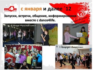 с января и далее ΄12
Запуски, встречи, общение, информирование
             вместе с dance4life.
   В лагере «Красный плёс»




                                   о   В лагере «Энергетик»




                      В г. Саров
 