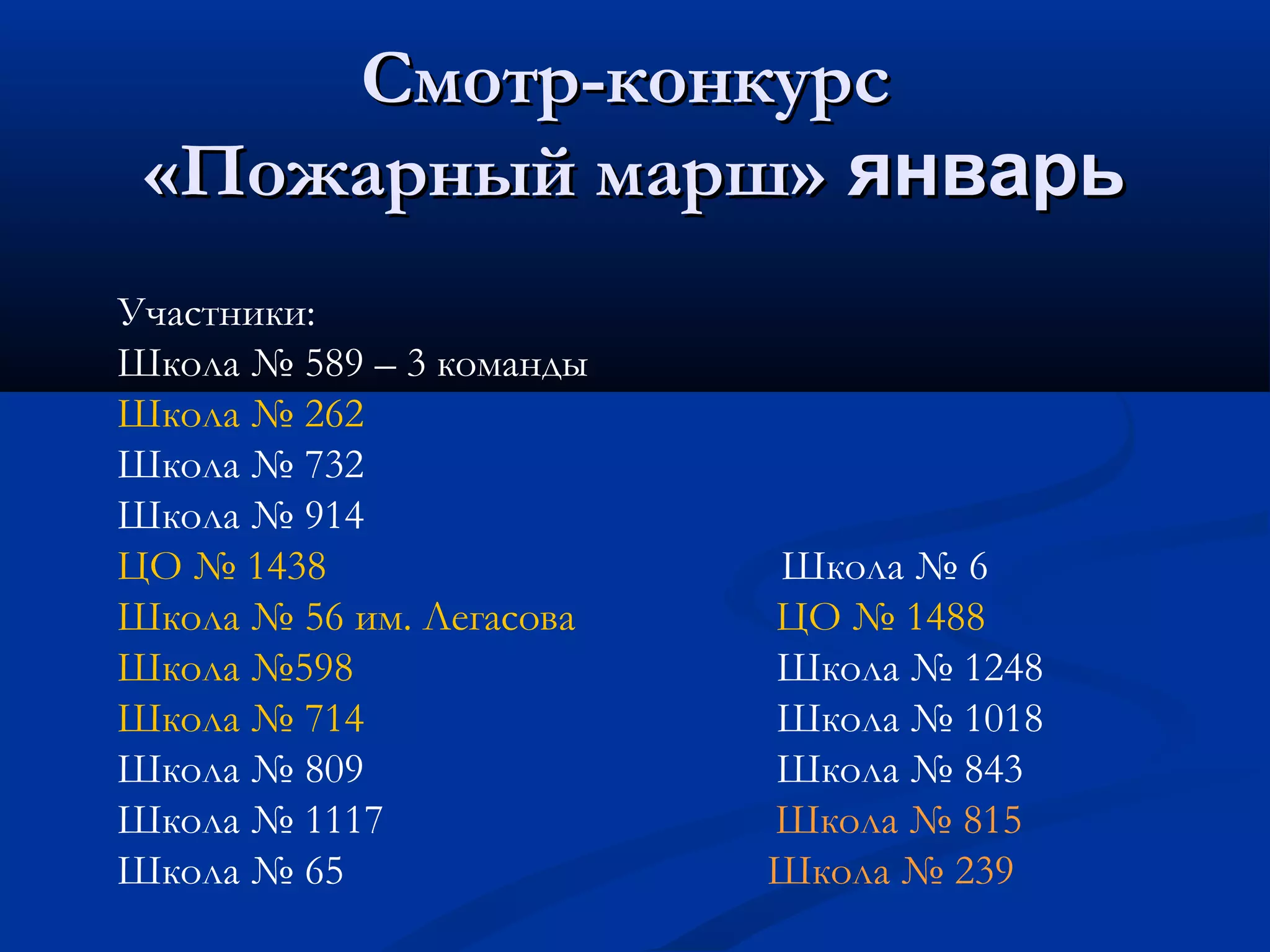 Смотр-конкурсСмотр-конкурс
«Пожарный марш»«Пожарный марш» январьянварь
Участники:
Школа № 589 – 3 команды
Школа № 262
Школа № 732
Школа № 914
ЦО № 1438 Школа № 6
Школа № 56 им. Легасова ЦО № 1488
Школа №598 Школа № 1248
Школа № 714 Школа № 1018
Школа № 809 Школа № 843
Школа № 1117 Школа № 815
Школа № 65 Школа № 239
 