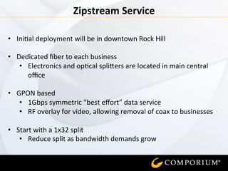  
Zipstream	
  Service	
  
•  Ini=al	
  deployment	
  will	
  be	
  in	
  downtown	
  Rock	
  Hill	
  
	
  
•  Dedicated	
  ﬁber	
  to	
  each	
  business	
  
•  Electronics	
  and	
  op=cal	
  spli7ers	
  are	
  located	
  in	
  main	
  central	
  
oﬃce	
  
	
  
•  GPON	
  based	
  
•  1Gbps	
  symmetric	
  “best	
  eﬀort”	
  data	
  service	
  
•  RF	
  overlay	
  for	
  video,	
  allowing	
  removal	
  of	
  coax	
  to	
  businesses	
  
	
  
•  Start	
  with	
  a	
  1x32	
  split	
  
•  Reduce	
  split	
  as	
  bandwidth	
  demands	
  grow	
  
 