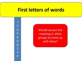 First letters of words

J
V
U        Should we put the
C         meaning or allow
A        groups to come up
U           with ideas?
D
S
V
P
 