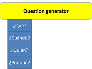 Question generator

 ¿Qué?

¿Cuándo?

¿Quién?

¿Por qué?
 