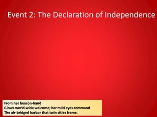 Event 2: The Declaration of Independence




From her beacon-hand
Glows world-wide welcome; her mild eyes command
The air-bridged harbor that twin cities frame.
 
