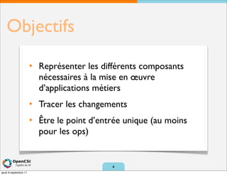 Objectifs
                       ✦   Représenter les différents composants
                           nécessaires à la mise en œuvre
                           d’applications métiers
                       ✦   Tracer les changements
                       ✦   Être le point d’entrée unique (au moins
                           pour les ops)


                                              4
jeudi 8 septembre 11
 