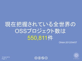 現在把握されている全世界の
      OSSプロジェクト数は
         550,811件
                Ohloh:2012/04/07




10 April 2012
Page: 5
 