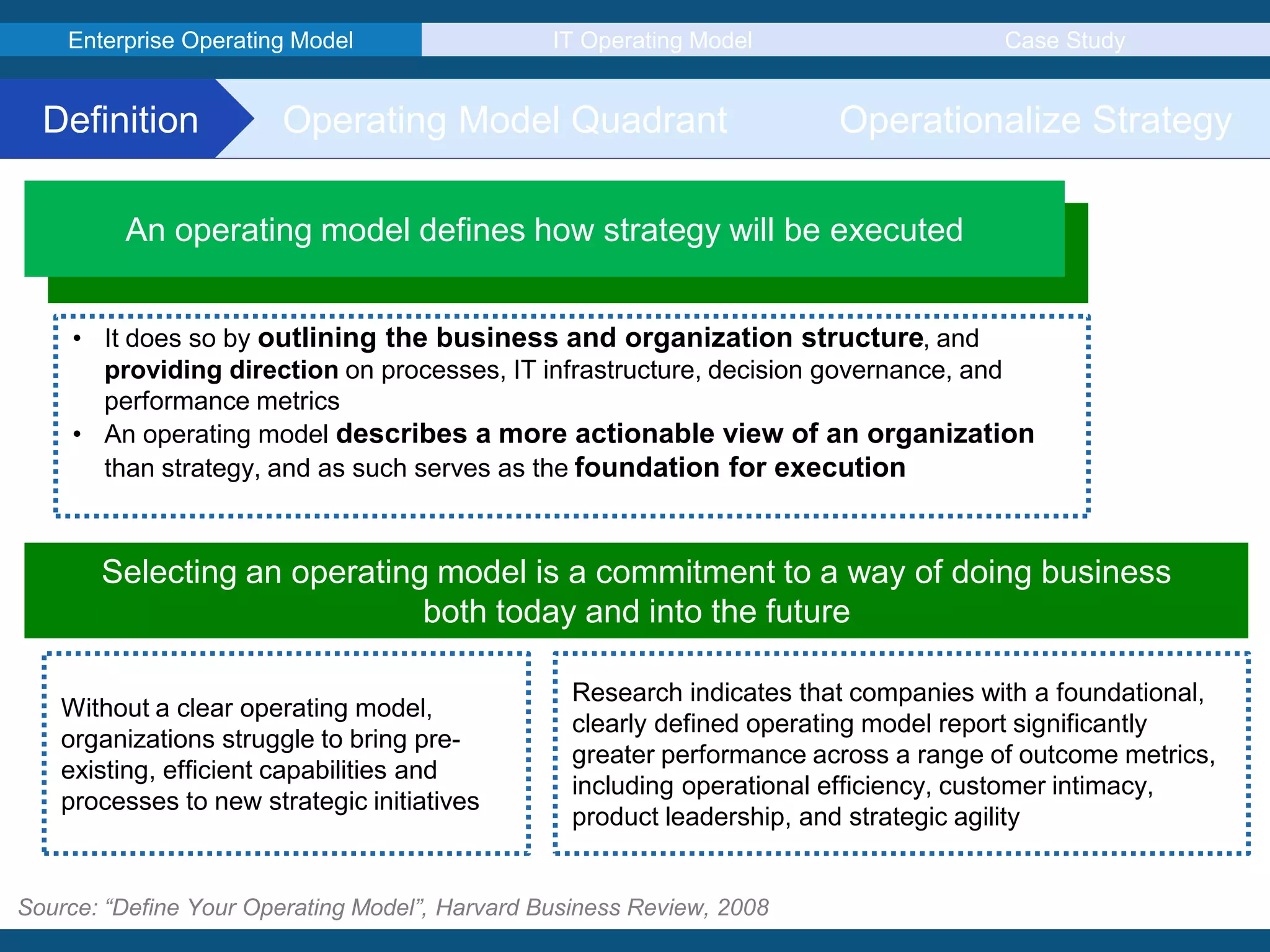 Enterprise Operating Model IT Operating Model Case Study
Definition Operating Model Quadrant Operationalize Strategy
Source: “Define Your Operating Model”, Harvard Business Review, 2008
An operating model defines how strategy will be executed
• It does so by outlining the business and organization structure, and
providing direction on processes, IT infrastructure, decision governance, and
performance metrics
• An operating model describes a more actionable view of an organization
than strategy, and as such serves as the foundation for execution
Selecting an operating model is a commitment to a way of doing business
both today and into the future
Without a clear operating model,
organizations struggle to bring pre-
existing, efficient capabilities and
processes to new strategic initiatives
Research indicates that companies with a foundational,
clearly defined operating model report significantly
greater performance across a range of outcome metrics,
including operational efficiency, customer intimacy,
product leadership, and strategic agility
 