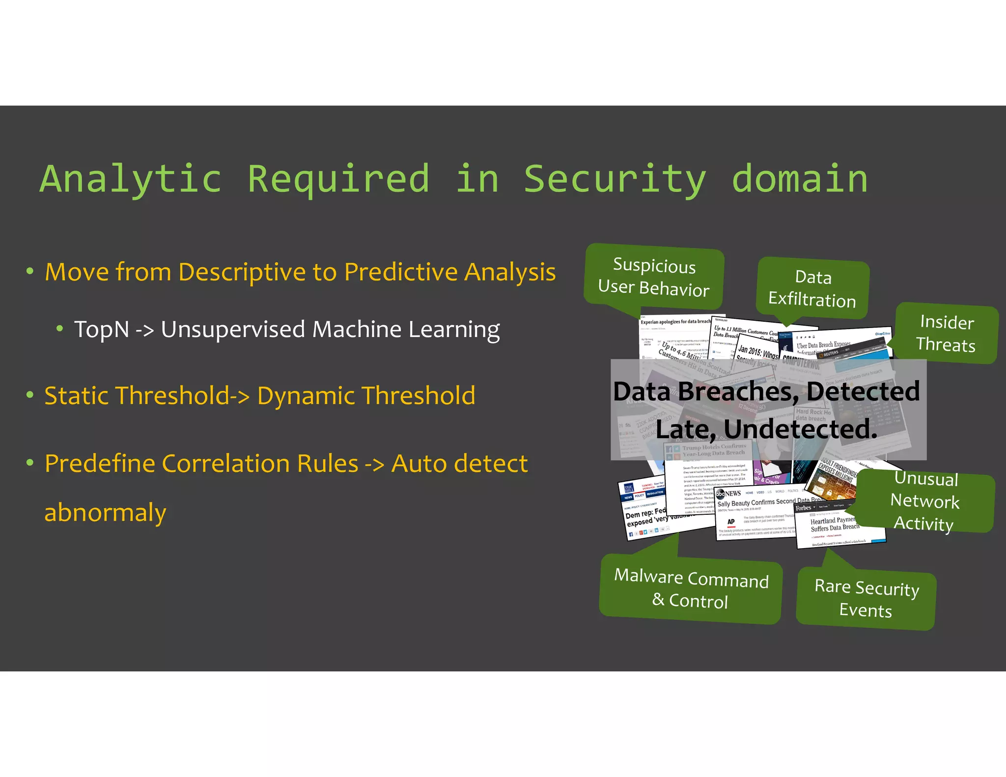 Analytic Required in Security domain
Data Breaches, Detected
Late, Undetected.
• Move from Descriptive to Predictive Analysis
• TopN -> Unsupervised Machine Learning
• Static Threshold-> Dynamic Threshold
• Predefine Correlation Rules -> Auto detect
abnormaly
 