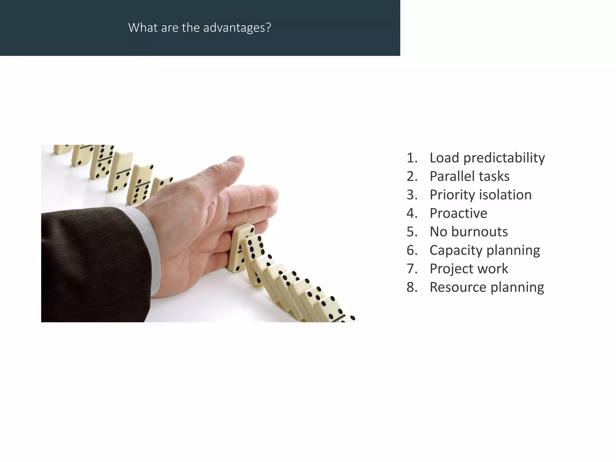 What are the advantages?
1. Load predictability
2. Parallel tasks
3. Priority isolation
4. Proactive
5. No burnouts
6. Capacity planning
7. Project work
8. Resource planning