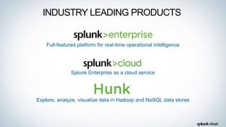 INDUSTRY LEADING PRODUCTS
Full-featured platform for real-time operational intelligence
Splunk Enterprise as a cloud service
Explore, analyze, visualize data in Hadoop and NoSQL data stores
 