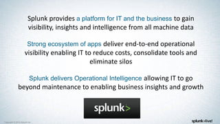 Copyright © 2014 Splunk Inc.
Splunk provides a platform for IT and the business to gain
visibility, insights and intelligence from all machine data
Strong ecosystem of apps deliver end-to-end operational
visibility enabling IT to reduce costs, consolidate tools and
eliminate silos
Splunk delivers Operational Intelligence allowing IT to go
beyond maintenance to enabling business insights and growth
 