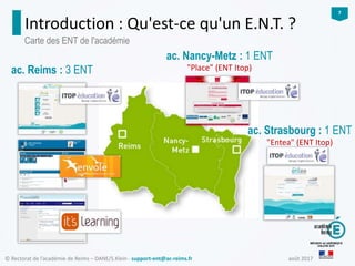 août 2017© Rectorat de l’académie de Reims – DANE/S.Klein - support-ent@ac-reims.fr
7
ac. Nancy-Metz : 1 ENT
"Place" (ENT Itop)
ac. Strasbourg : 1 ENT
"Entea" (ENT Itop)
ac. Reims : 3 ENT
Carte des ENT de l'académie
Introduction : Qu'est-ce qu'un E.N.T. ?
 