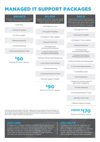 All prices quoted are subject to 10% GST. Additional services charged at discounted rates as
per schedule. Monthly support package is calculated on either per user or device, whichever is
lesser value. Third party updates are provided to the world’s most popular third-party software
such as PDF readers, browsers and applications.
BRONZE
Ideal for teams of 3 or more who want
their IT security kept up to date.
√ Anti-Virus
√ Microsoft®
Updates
√ 3rd
Party Updates
√ Backup Monitoring*
√ Monthly Reporting
√ Guaranteed Response Times
$
50Minimum of 3 users / devices
SILVER
Ideal for teams of 8 or more who require
access to IT advice as needed as well as
their IT security kept up to date.
√ Managed Anti-Virus
√ Managed OS Updates
√ Managed 3rd
Party Updates
√ Backup Monitoring*
√ Windows Event
Monitoring & Remediation
√ Windows Performance
Monitoring & Remediation
√ Network Monitoring & Management
√ User & Email Administration
√ Monthly Reporting
√ Guaranteed Response Times
√ Remote Support Included
$
90Minimum of 8 users / devices
GOLD
Ideal of teams of 10 of more who want
peace of mind that their data and their
client’s data is kept secure, their IT needs
are met pro-actively, but they’re not
quite ready for a full time IT employee.
√ Managed Anti-Virus
√ Managed OS Updates
√ Managed 3rd
Party Updates
√ Backup Monitoring*
√ Windows Event
Monitoring & Remediation
√ Windows Performance
Monitoring & Remediation
√ Network Monitoring & Management
√ User & Email Administration
√ Vulnerability Scans
√ Risk Assessments
√ Virtual CTO with pro-active IT
planning & management
√ Monthly Reporting
√ Guaranteed Response Times
√ Monthly Onsite Visits
√ Remote Support Included
FROM $
170Minimum of 10 users / devices
MANAGED IT SUPPORT PACKAGES
ADD-ONS
To keep your IT support solution neat and tidy, we are pleased
to offer a range of add-ons including Mircorsoft®
365 Business
software licenses, Exclaimer Cloud Signature licenses, Office®
365 Back Up services, Cloud Backup Storage services and
more. Each of these services are available through ITOPIA so
you have one invoice for all of your IT support.
PROJECTS
IT projects such as server upgrades and
office relocations are a specialty of the
team at ITOPIA. Each project is as different
as each business we deal with. For this
reason, each project is quoted individually
with convenient payment plans available.
 