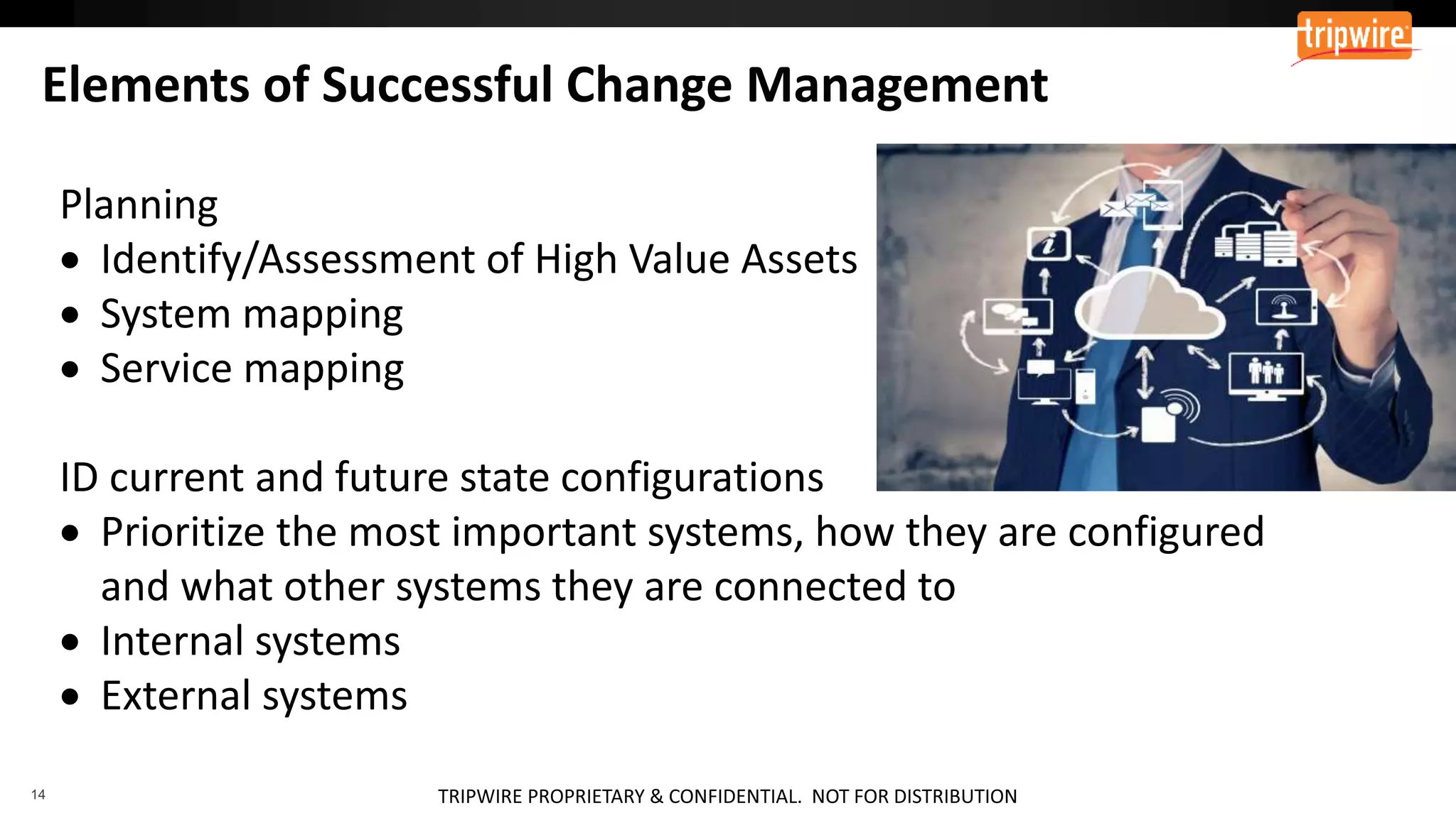 Planning
 Identify/Assessment of High Value Assets
 System mapping
 Service mapping
ID current and future state configurations
 Prioritize the most important systems, how they are configured
and what other systems they are connected to
 Internal systems
 External systems
 