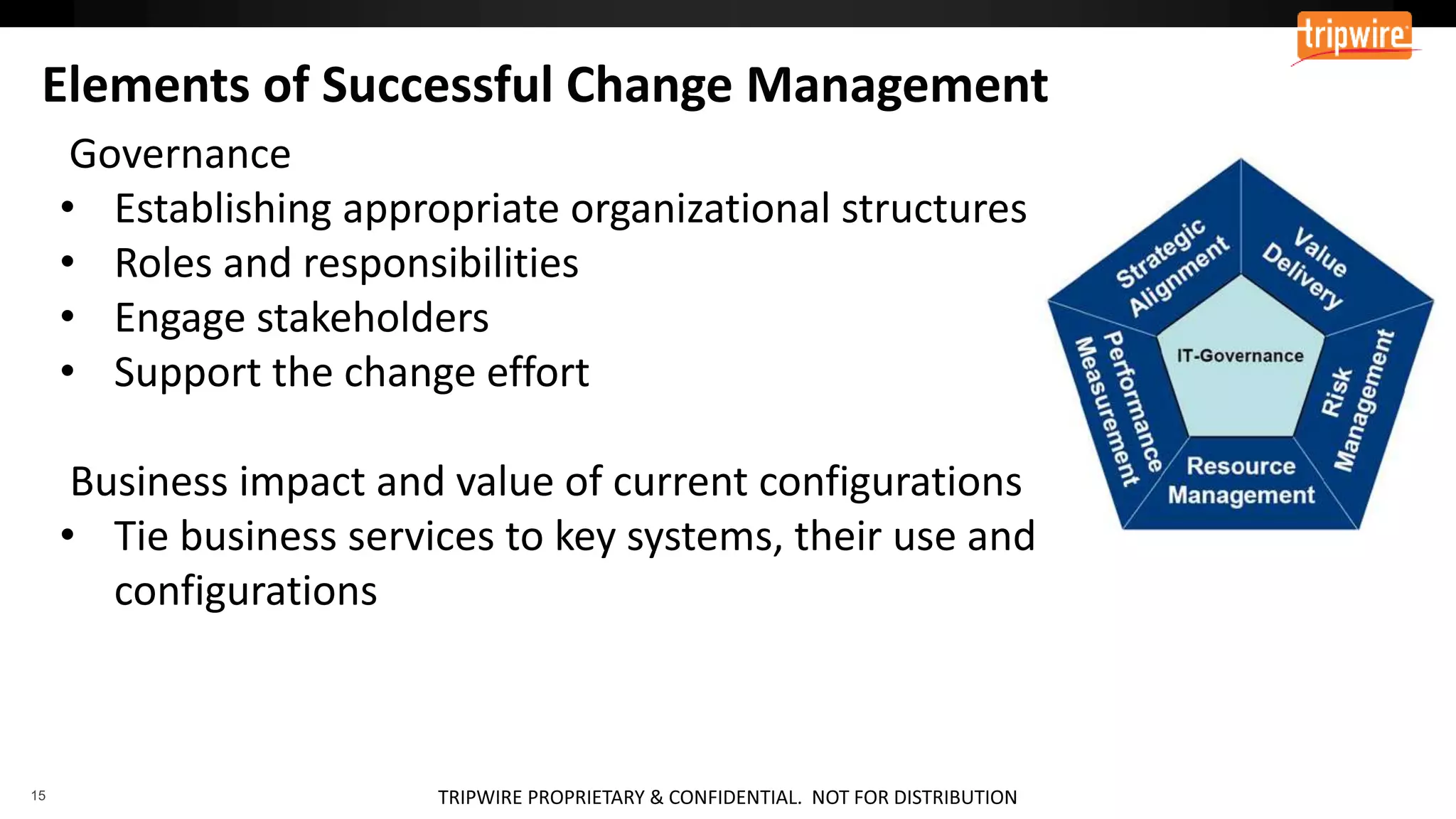 Governance
• Establishing appropriate organizational structures
• Roles and responsibilities
• Engage stakeholders
• Support the change effort
Business impact and value of current configurations
• Tie business services to key systems, their use and
configurations
 