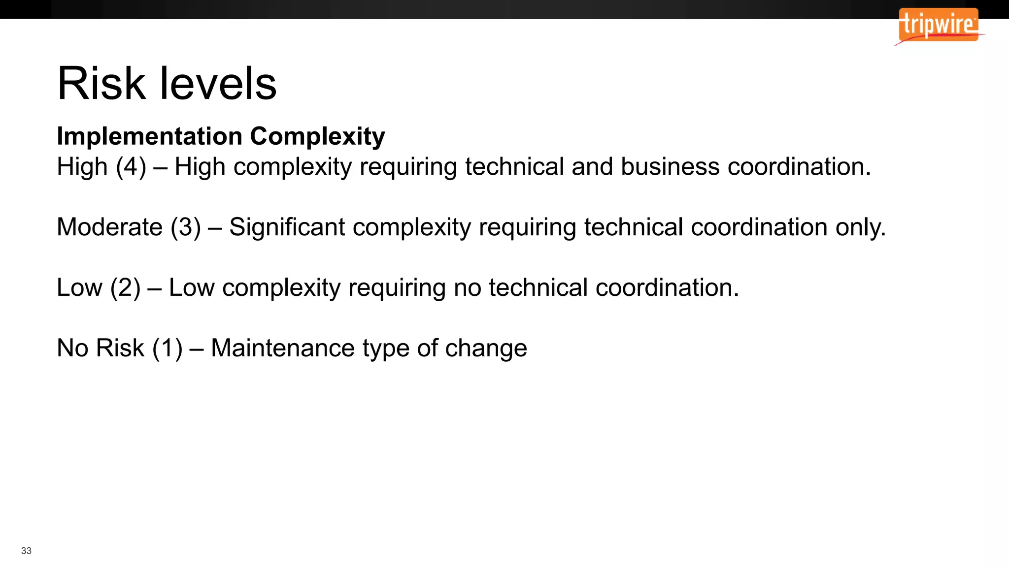 Implementation Complexity
High (4) – High complexity requiring technical and business coordination.
Moderate (3) – Significant complexity requiring technical coordination only.
Low (2) – Low complexity requiring no technical coordination.
No Risk (1) – Maintenance type of change
Risk levels
 