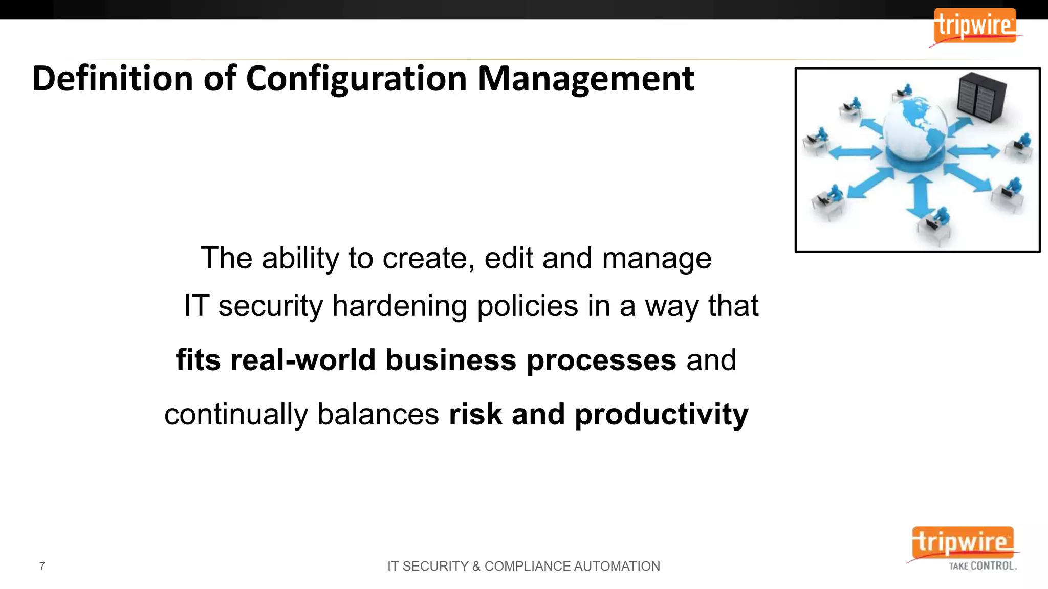 The ability to create, edit and manage
IT security hardening policies in a way that
fits real-world business processes and
continually balances risk and productivity
 