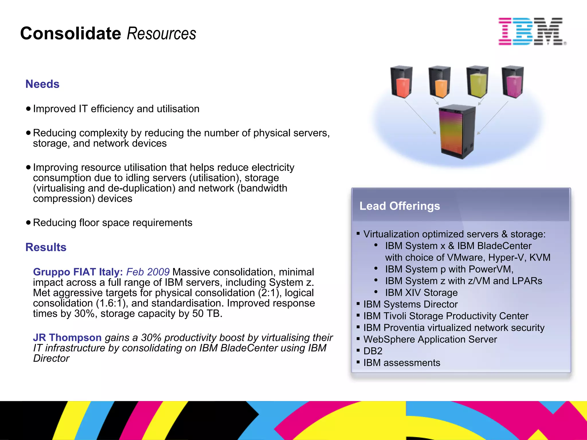 Consolidate  Resources Needs Improved IT efficiency and utilisation Reducing complexity by reducing the number of physical servers, storage, and network devices Improving resource utilisation that helps reduce electricity consumption due to idling servers (utilisation), storage (virtualising and de-duplication) and network (bandwidth compression) devices Reducing floor space requirements Results Gruppo FIAT Italy:  Feb 2009  Massive consolidation, minimal impact across a full range of IBM servers, including System z.  Met aggressive targets for physical consolidation (2:1), logical consolidation (1.6:1), and standardisation. Improved response times by 30%, storage capacity by 50 TB. JR Thompson  gains a 30% productivity boost by virtualising their IT infrastructure by consolidating on IBM BladeCenter using IBM Director Lead Offerings Virtualization optimized servers & storage: IBM System x & IBM BladeCenter  with choice of VMware, Hyper-V, KVM IBM System p with PowerVM,  IBM System z with z/VM and LPARs IBM XIV Storage IBM Systems Director IBM Tivoli Storage Productivity Center IBM Proventia virtualized network security WebSphere Application Server DB2 IBM assessments 