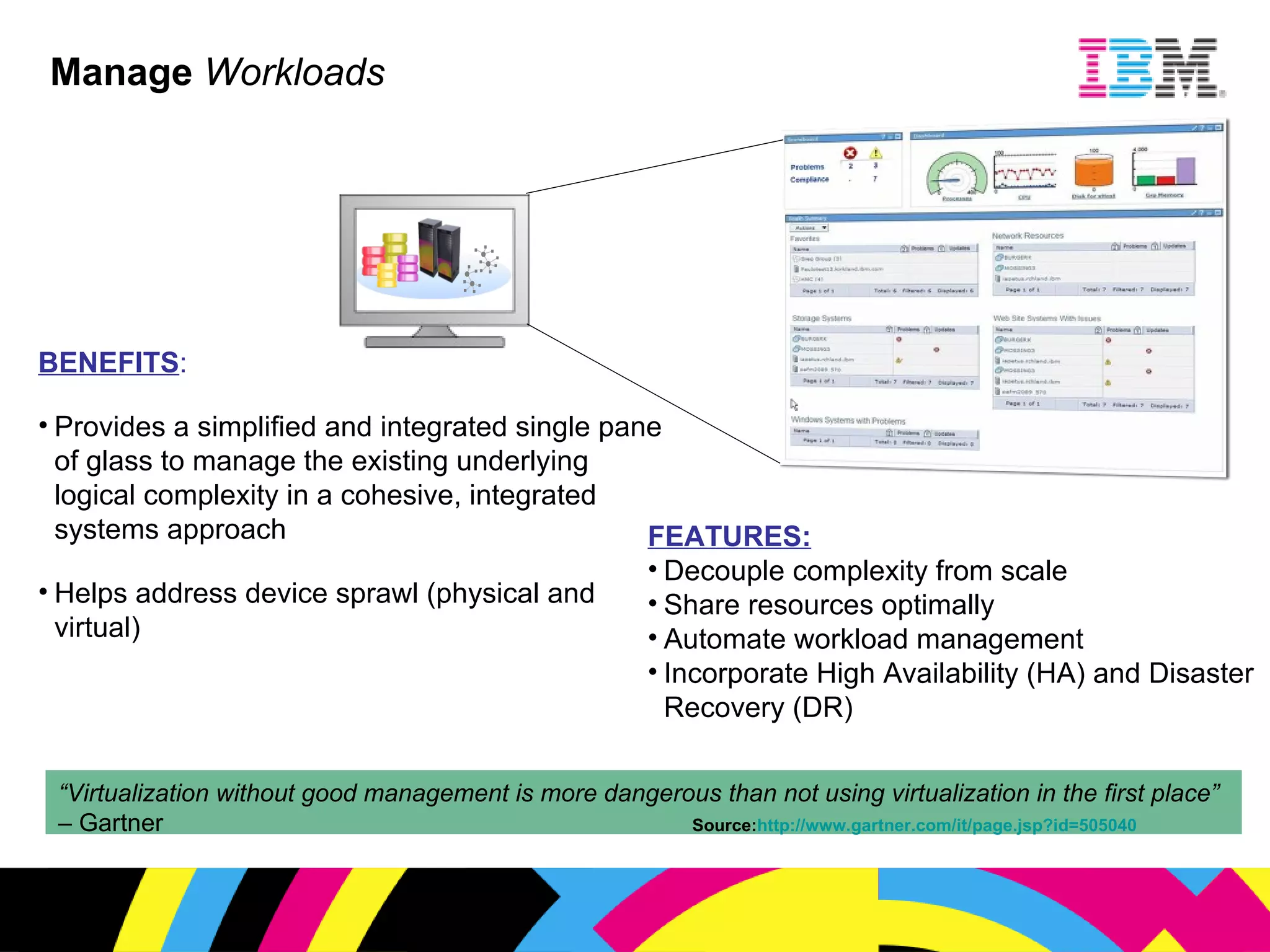 Manage   Workloads BENEFITS : Provides a simplified and integrated single pane of glass to manage the existing underlying logical complexity in a cohesive, integrated systems approach Helps address device sprawl (physical and virtual) FEATURES: Decouple complexity from scale Share resources optimally Automate workload management Incorporate High Availability (HA) and Disaster Recovery (DR) “ Virtualization without good management is more dangerous than not using virtualization in the first place”  – Gartner Source: http://www.gartner.com/it/page.jsp?id=505040 