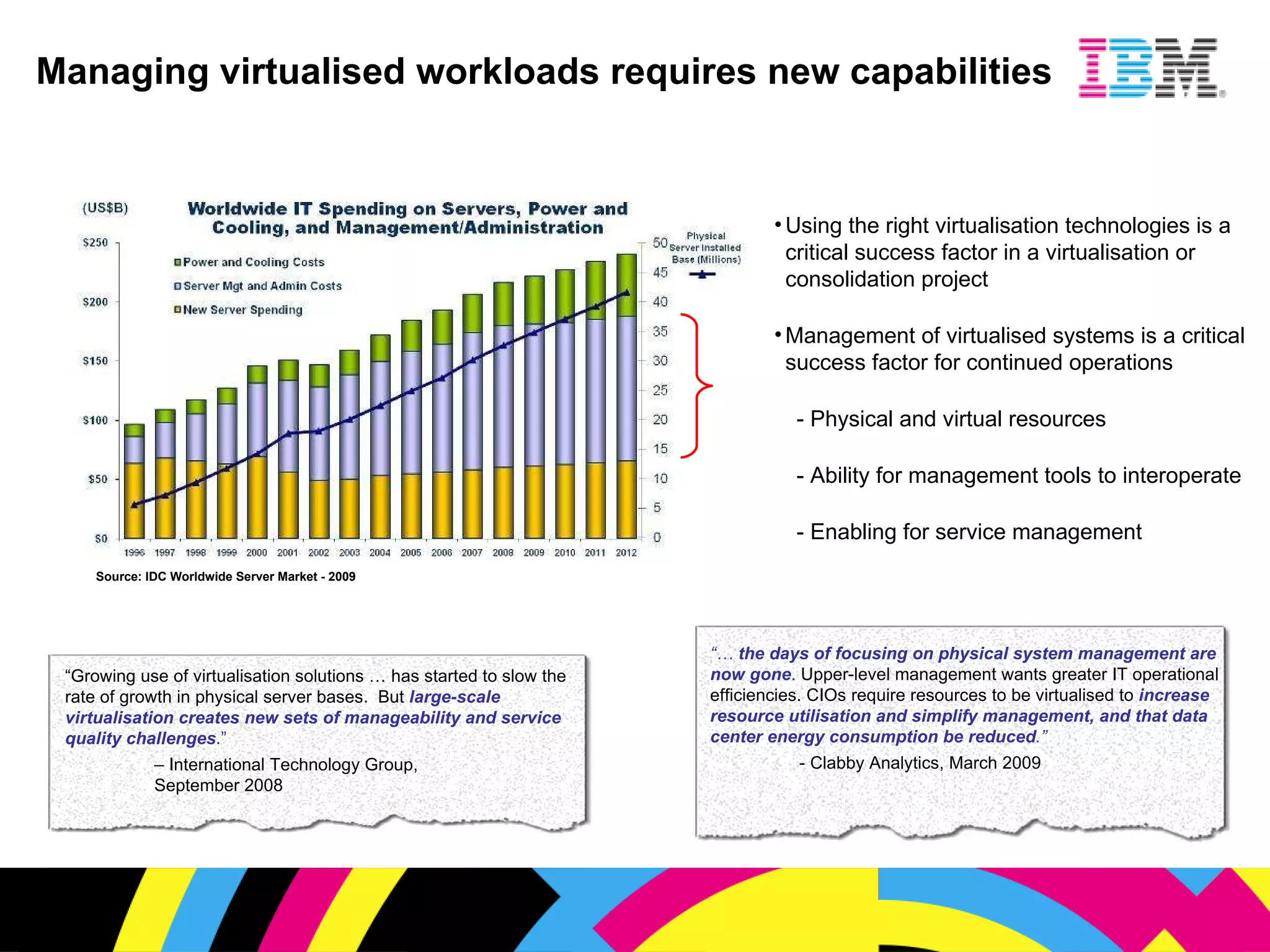 Managing virtualised workloads requires new capabilities Using the right virtualisation technologies is a critical success factor in a virtualisation or consolidation project Management of virtualised systems is a critical success factor for continued operations - Physical and virtual resources - Ability for management tools to interoperate - Enabling for service management Source: IDC Worldwide Server Market - 2009  “…  the days of focusing on physical system management are now gone .  Upper-level management wants greater IT operational efficiencies. CIOs require resources to be virtualised to   increase resource utilisation and simplify management, and that data center energy consumption be reduced .”   - Clabby Analytics, March 2009 “ Growing use of virtualisation solutions … has started to slow the rate of growth in physical server bases.  But  large-scale   virtualisation creates new sets of manageability and service quality challenges .” –  International Technology Group,    September 2008 