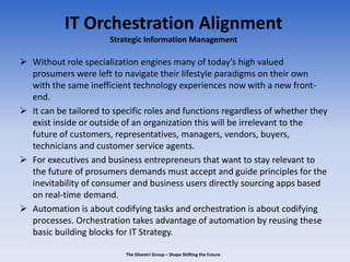 IT Orchestration Alignment
Strategic Information Management
 Without role specialization engines many of today’s high valued
prosumers were left to navigate their lifestyle paradigms on their own
with the same inefficient technology experiences now with a new front-
end.
 It can be tailored to specific roles and functions regardless of whether they
exist inside or outside of an organization this will be irrelevant to the
future of customers, representatives, managers, vendors, buyers,
technicians and customer service agents.
 For executives and business entrepreneurs that want to stay relevant to
the future of prosumers demands must accept and guide principles for the
inevitability of consumer and business users directly sourcing apps based
on real-time demand.
 Automation is about codifying tasks and orchestration is about codifying
processes. Orchestration takes advantage of automation by reusing these
basic building blocks for IT Strategy.
The Silvestri Group – Shape Shifting the Future
 