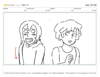 Scene
61
Duration
16:00
Panel
15
Duration
01:00
"___" 1066_??? Page 301/408
© 2018 Cartoon Network Studios, Inc. A WarnerMedia Company. All Rights Reserved. This material is the property of The Car
 