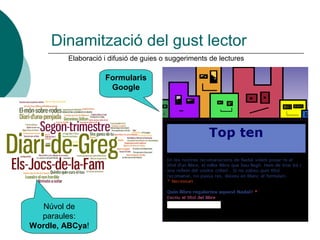 Dinamització del gust lector
         Elaboració i difusió de guies o suggeriments de lectures

                    Formularis
                     Google




   Núvol de
  paraules:
Wordle, ABCya!
 