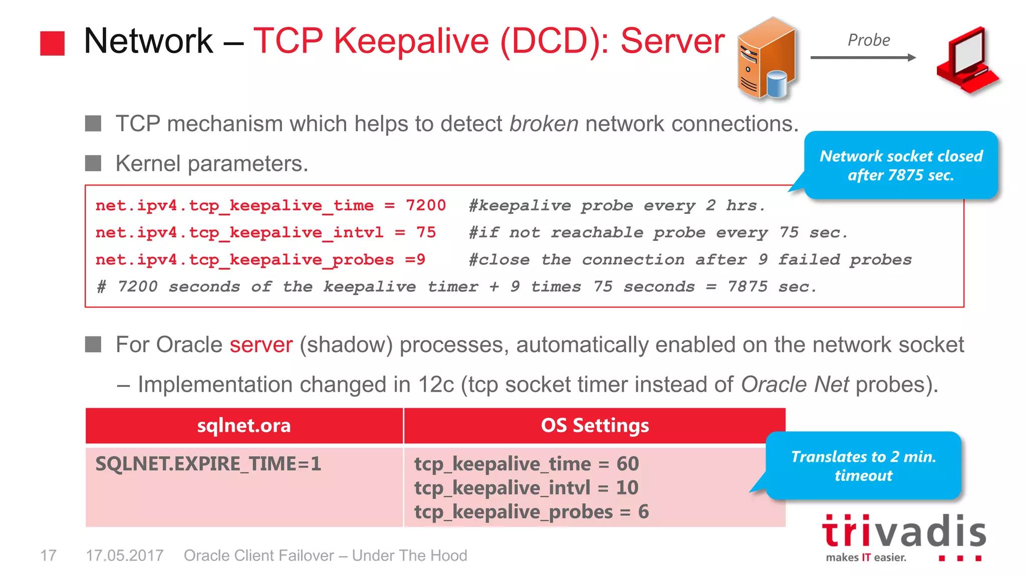 Network – TCP Keepalive (DCD): Server
Oracle Client Failover – Under The Hood
TCP mechanism which helps to detect broken network connections.
Kernel parameters.
For Oracle server (shadow) processes, automatically enabled on the network socket
– Implementation changed in 12c (tcp socket timer instead of Oracle Net probes).
net.ipv4.tcp_keepalive_time = 7200 #keepalive probe every 2 hrs.
net.ipv4.tcp_keepalive_intvl = 75 #if not reachable probe every 75 sec.
net.ipv4.tcp_keepalive_probes =9 #close the connection after 9 failed probes
# 7200 seconds of the keepalive timer + 9 times 75 seconds = 7875 sec.
Probe
Network socket closed
after 7875 sec.
sqlnet.ora OS Settings
SQLNET.EXPIRE_TIME=1 tcp_keepalive_time = 60
tcp_keepalive_intvl = 10
tcp_keepalive_probes = 6
Translates to 2 min.
timeout
17.05.201717
 