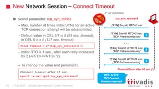 New Network Session – Connect Timeout
Oracle Client Failover – Under The Hood
Kernel parameter: tcp_syn_retries
– Max. number of times initial SYNs for an active
TCP connection attempt will be retransmitted.
– Default value in OEL 5/7 is 5 (63 sec. timeout),
in OEL 6 it is 6 (127 sec. timeout).
– Initial RTO is 1 sec., after each retry increased
by 2 (<RTO>=<RTO>*2).
– To change the value (not persistent).
[SYN] Seq=0, RTO=1 sec.
[SYN] Seq=0, RTO=2 sec.
[TCP Retransmission]
1
tcp_syn_retries=5
4
5
Final Timeout = 2^(tcp_syn_retries+1)-1
Timeout/Error after 63 sec.(*)
ORA-12170:
TNS:Connect
timeout occurred
#Connect timeout after 15 sec.
sysctl -w net.ipv4.tcp_syn_retries=3
[SYN] Seq=0, RTO=16 sec.
[TCP Retransmission]
…
[SYN] Seq=0, RTO=32 sec.
[TCP Retransmission]
IP not reachable
17.05.201710
 