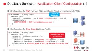 Database Services – Application Client Configuration (1)
Configuration for RAC (without DG): use Single Client Access Name (SCAN).
Configuration for Data Guard (without RAC).
OLTP.trivadistraining.com =
(DESCRIPTION =
(ADDRESS = (PROTOCOL = TCP )(HOST = sweden)(PORT = 1521 ))
(CONNECT_DATA =
(SERVICE_NAME = OLTP.trivadistraining.com )
)
)
PHYS.trivadistraining.com =
(DESCRIPTION =
(FAILOVER = ON)(LOAD_BALANCE = OFF)
(ADDRESS_LIST =
(ADDRESS = (PROTOCOL = TCP)(HOST = blue)(PORT = 1521))
(ADDRESS = (PROTOCOL = TCP)(HOST = red)(PORT = 1521)))
(CONNECT_DATA = (SERVICE_NAME = PHYS_RW.trivadistraining.com)
))
PHYS_SITE1
PHYS_SITE2
Primary
Database
Standby
Database
RAC
Database
blue
red
blue
yellow
Oracle Client Failover – Under The Hood17.05.201726
3 Virtual IP
Addresses
Potential issue with
TCP Timeouts
 