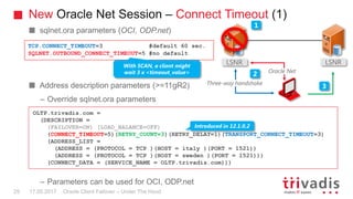 New Oracle Net Session – Connect Timeout (1)
Oracle Client Failover – Under The Hood
sqlnet.ora parameters (OCI, ODP.net)
Address description parameters (>=11gR2)
– Override sqlnet.ora parameters
– Parameters can be used for OCI, ODP.net
TCP.CONNECT_TIMEOUT=3 #default 60 sec.
SQLNET.OUTBOUND_CONNECT_TIMEOUT=5 #no default
17.05.201729
LSNR LSNR
Three-way handshake
Oracle Net
1
2
3
With SCAN, a client might
wait 3 x <timeout_value>
OLTP.trivadis.com =
(DESCRIPTION =
(FAILOVER=ON) (LOAD_BALANCE=OFF)
(CONNECT_TIMEOUT=5)(RETRY_COUNT=3)(RETRY_DELAY=1)(TRANSPORT_CONNECT_TIMEOUT=3)
(ADDRESS_LIST =
(ADDRESS = (PROTOCOL = TCP )(HOST = italy )(PORT = 1521))
(ADDRESS = (PROTOCOL = TCP )(HOST = sweden )(PORT = 1521)))
(CONNECT_DATA = (SERVICE_NAME = OLTP.trivadis.com)))
Introduced in 12.1.0.2
 