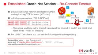 Established Oracle Net Session – Re-Connect Timeout
Oracle Client Failover – Under The Hood
Break established network connection without
waiting for long TCP timeouts (>15 min.)
sqlnet.ora parameters (OCI & ODP.net)
– The actual wait time is 2 x timeout value (wait for timeout -> switch into break and
reset mode -> wait for timeout)!
For JDBC Thin clients you can set the following connection property
LSNR LSNROracle Net
1
P1
2
Client failover
4
SQLNET.RECV_TIMEOUT=30 #no default value
SQLNET.SEND_TIMEOUT=30 #no default value Timeout
3
2417.05.201733
Properties prop = new Properties();
prop.put ("oracle.jdbc.ReadTimeout", "30000"); //30 sec.
ods.setConnectionProperties(prop);
 