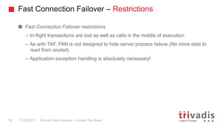 Fast Connection Failover – Restrictions
Oracle Client Failover – Under The Hood
Fast Connection Failover restrictions
– In-flight transactions are lost as well as calls in the middle of execution.
– As with TAF, FAN is not designed to hide server process failure (No more data to
read from socket).
– Application exception handling is absolutely necessary!
17.05.201750
 