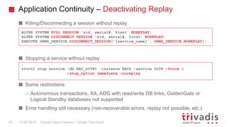 Application Continuity – Deactivating Replay
Oracle Client Failover – Under The Hood
Killing/Disconnecting a session without replay
Stopping a service without replay
Some restrictions:
– Autonomous transactions, XA, ADG with read/write DB links, GoldenGate or
Logical Standby databases not supported
Error handling still necessary (non-recoverable errors, replay not possible, etc.)
17.05.201757
ALTER SYSTEM KILL SESSION 'sid, serial#, @inst' NOREPLAY;
ALTER SYSTEM DISCONNECT SESSION 'sid, serial#, @inst' NOREPLAY;
EXECUTE DBMS_SERVICE.DISCONNECT_SESSION('[service_name]', DBMS_SERVICE.NOREPLAY);
srvctl stop service -db RAC_SITE1 -instance RAC2 -service OLTP –force 
–stop_option immediate –noreplay
 