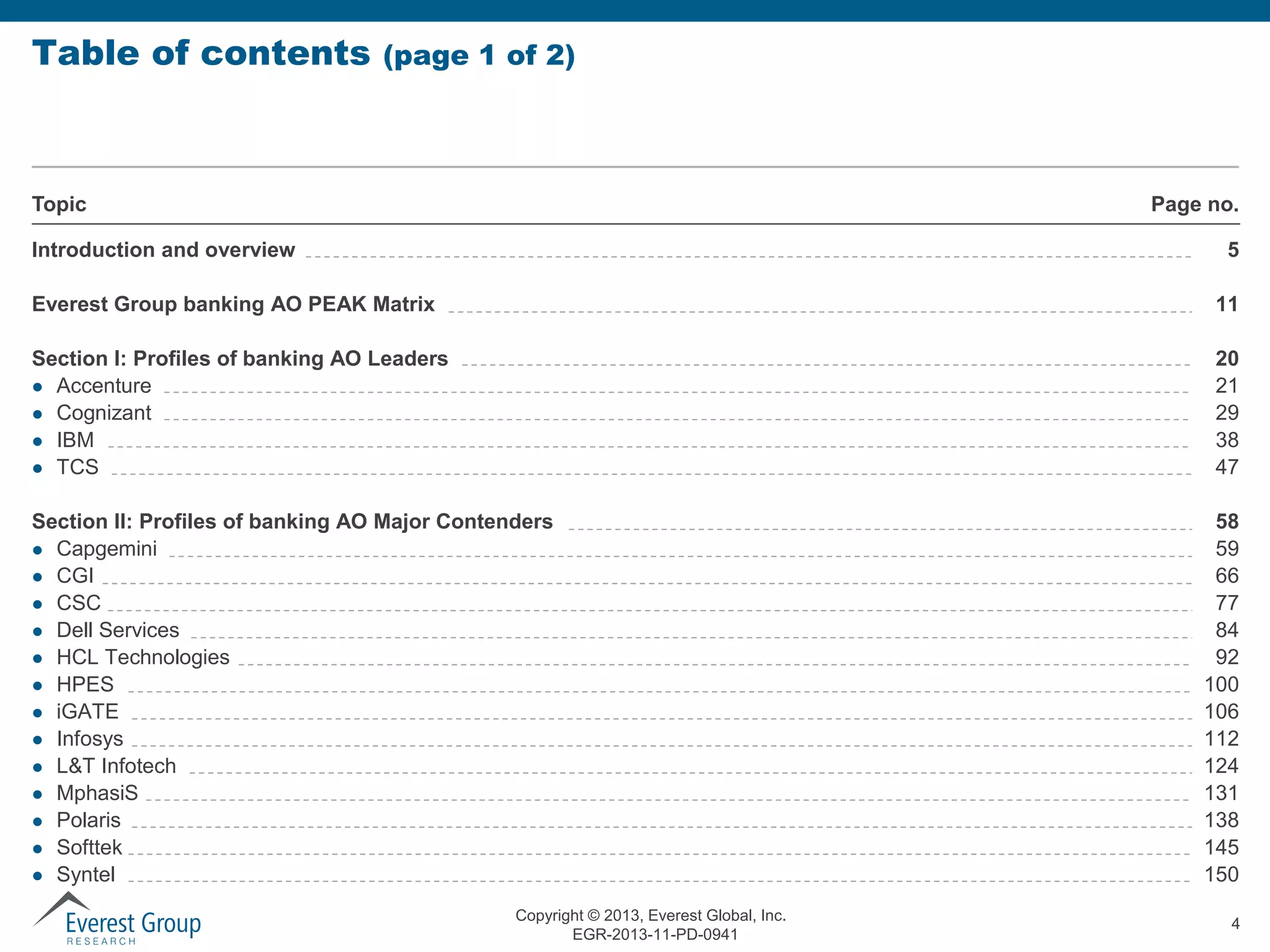 Table of contents

(page 1 of 2)

Topic

Page no.

Introduction and overview

5

Everest Group banking AO PEAK Matrix

11

Section I: Profiles of banking AO Leaders
 Accenture
 Cognizant
 IBM
 TCS

20
21
29
38
47

Section II: Profiles of banking AO Major Contenders
 Capgemini
 CGI
 CSC
 Dell Services
 HCL Technologies
 HPES
 iGATE
 Infosys
 L&T Infotech
 MphasiS
 Polaris
 Softtek
 Syntel
Copyright © 2013, Everest Global, Inc.
EGR-2013-11-PD-0941

58
59
66
77
84
92
100
106
112
124
131
138
145
150
4

 
