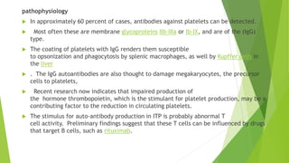 pathophysiology 
 In approximately 60 percent of cases, antibodies against platelets can be detected. 
 Most often these are membrane glycoproteins IIb-IIIa or Ib-IX, and are of the (IgG) 
type. 
 The coating of platelets with IgG renders them susceptible 
to opsonization and phagocytosis by splenic macrophages, as well by Kupffer cells in 
the liver 
 . The IgG autoantibodies are also thought to damage megakaryocytes, the precursor 
cells to platelets, 
 Recent research now indicates that impaired production of 
the hormone thrombopoietin, which is the stimulant for platelet production, may be a 
contributing factor to the reduction in circulating platelets. 
 The stimulus for auto-antibody production in ITP is probably abnormal T 
cell activity. Preliminary findings suggest that these T cells can be influenced by drugs 
that target B cells, such as rituximab. 
 