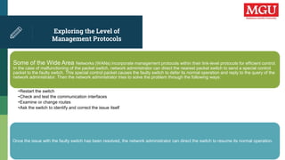 Exploring the Level of
Management Protocols
Some of the Wide Area Networks (WANs) incorporate management protocols within their link-level protocols for efficient control.
In the case of malfunctioning of the packet switch, network administrator can direct the nearest packet switch to send a special control
packet to the faulty switch. This special control packet causes the faulty switch to defer its normal operation and reply to the query of the
network administrator. Then the network administrator tries to solve the problem through the following ways:
•Restart the switch
•Check and test the communication interfaces
•Examine or change routes
•Ask the switch to identify and correct the issue itself
Once the issue with the faulty switch has been resolved, the network administrator can direct the switch to resume its normal operation.
 