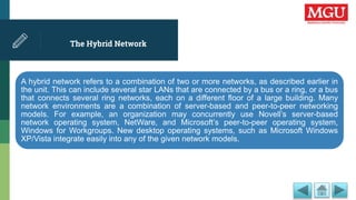 The Hybrid Network
A hybrid network refers to a combination of two or more networks, as described earlier in
the unit. This can include several star LANs that are connected by a bus or a ring, or a bus
that connects several ring networks, each on a different floor of a large building. Many
network environments are a combination of server-based and peer-to-peer networking
models. For example, an organization may concurrently use Novell’s server-based
network operating system, NetWare, and Microsoft’s peer-to-peer operating system,
Windows for Workgroups. New desktop operating systems, such as Microsoft Windows
XP/Vista integrate easily into any of the given network models.
 