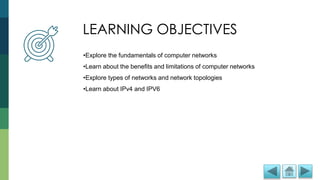 LEARNING OBJECTIVES
LEARNING OBJECTIVES
•Explore the fundamentals of computer networks
•Learn about the benefits and limitations of computer networks
•Explore types of networks and network topologies
•Learn about IPv4 and IPV6
 