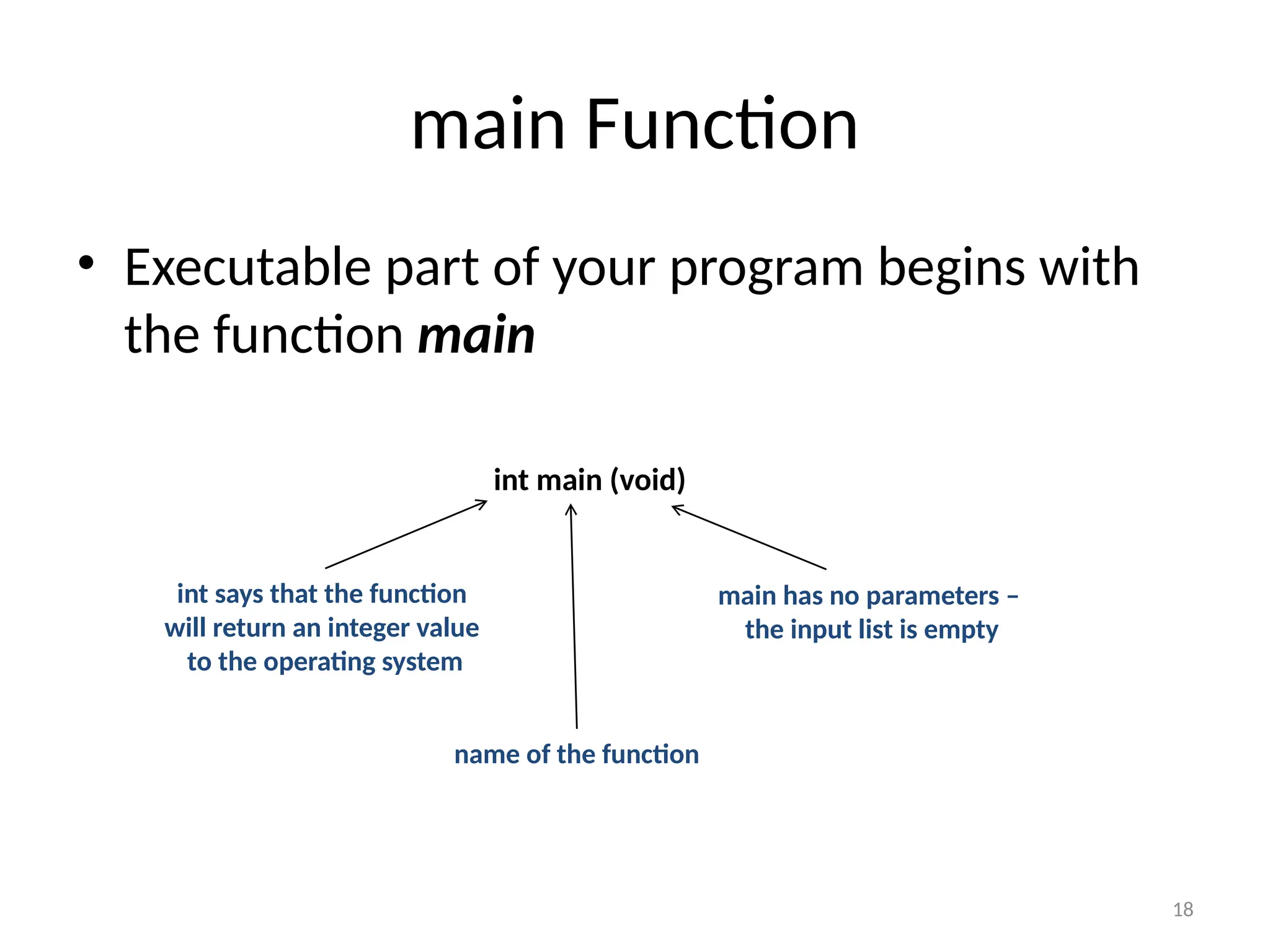 18
main Function
• Executable part of your program begins with
the function main
int main (void)
int says that the function
will return an integer value
to the operating system
name of the function
main has no parameters –
the input list is empty
 