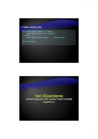22.12.2015
10
tablo-delete.php
if ($conn->query($sql) === TRUE) {
echo "Kayıt başarı ile silindi";
} else {
echo "Kayıt silme hatası: " . $conn->error;
}
$conn->close();
?>
Veri Düzenleme
UPDATE Dgunleri SET soyAd="Yakut"WHERE
kayitNo=12
20
 