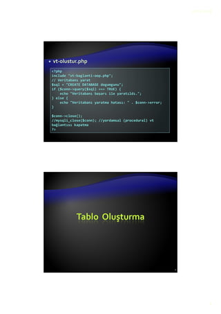 22.12.2015
4
vt-olustur.php
<?php
include "vt-baglanti-oop.php";
// Veritabanı yarat
$sql = "CREATE DATABASE dogumgunu";
if ($conn->query($sql) === TRUE) {
echo "Veritabanı başarı ile yaratıldı.";
} else {
echo "Veritabanı yaratma hatası: " . $conn->error;
}
$conn->close();
//mysqli_close($conn); //yordamsal (procedural) vt
bağlantısı kapatma
?>
Tablo Oluşturma
8
 