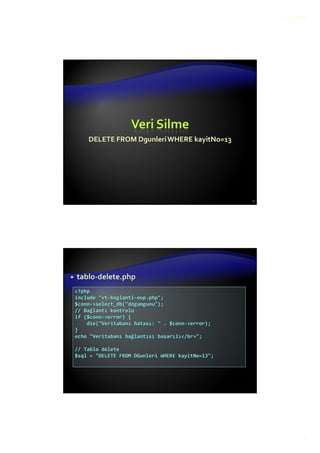 22.12.2015
9
Veri Silme
DELETE FROM DgunleriWHERE kayitNo=13
17
tablo-delete.php
<?php
include "vt-baglanti-oop.php";
$conn->select_db("dogumgunu");
// Bağlantı kontrolu
if ($conn->error) {
die("Veritabanı hatası: " . $conn->error);
}
echo "Veritabanı bağlantısı başarılı</br>";
// Tablo delete
$sql = "DELETE FROM DGunleri WHERE kayitNo=13";
 
